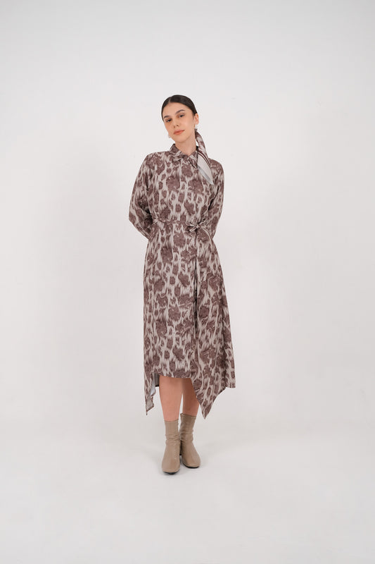 Stella Print Midi Dress - Brown Wine / Charcoal Black