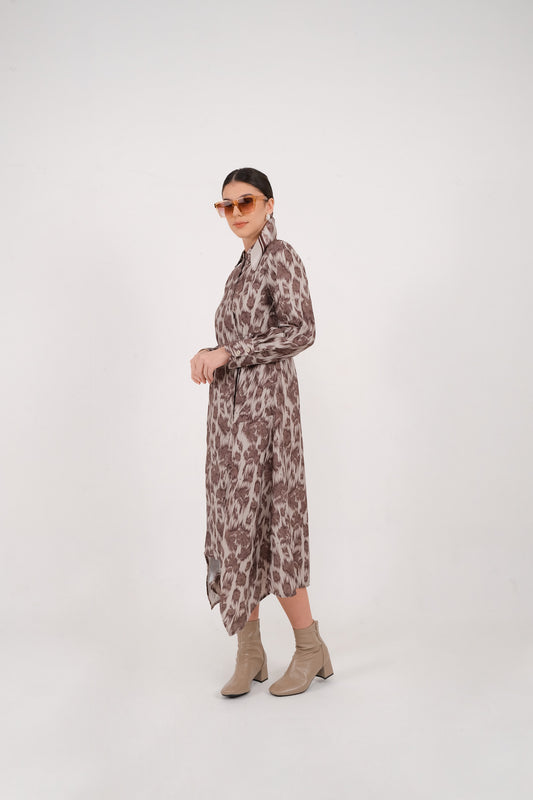 Stella Print Midi Dress - Brown Wine / Charcoal Black