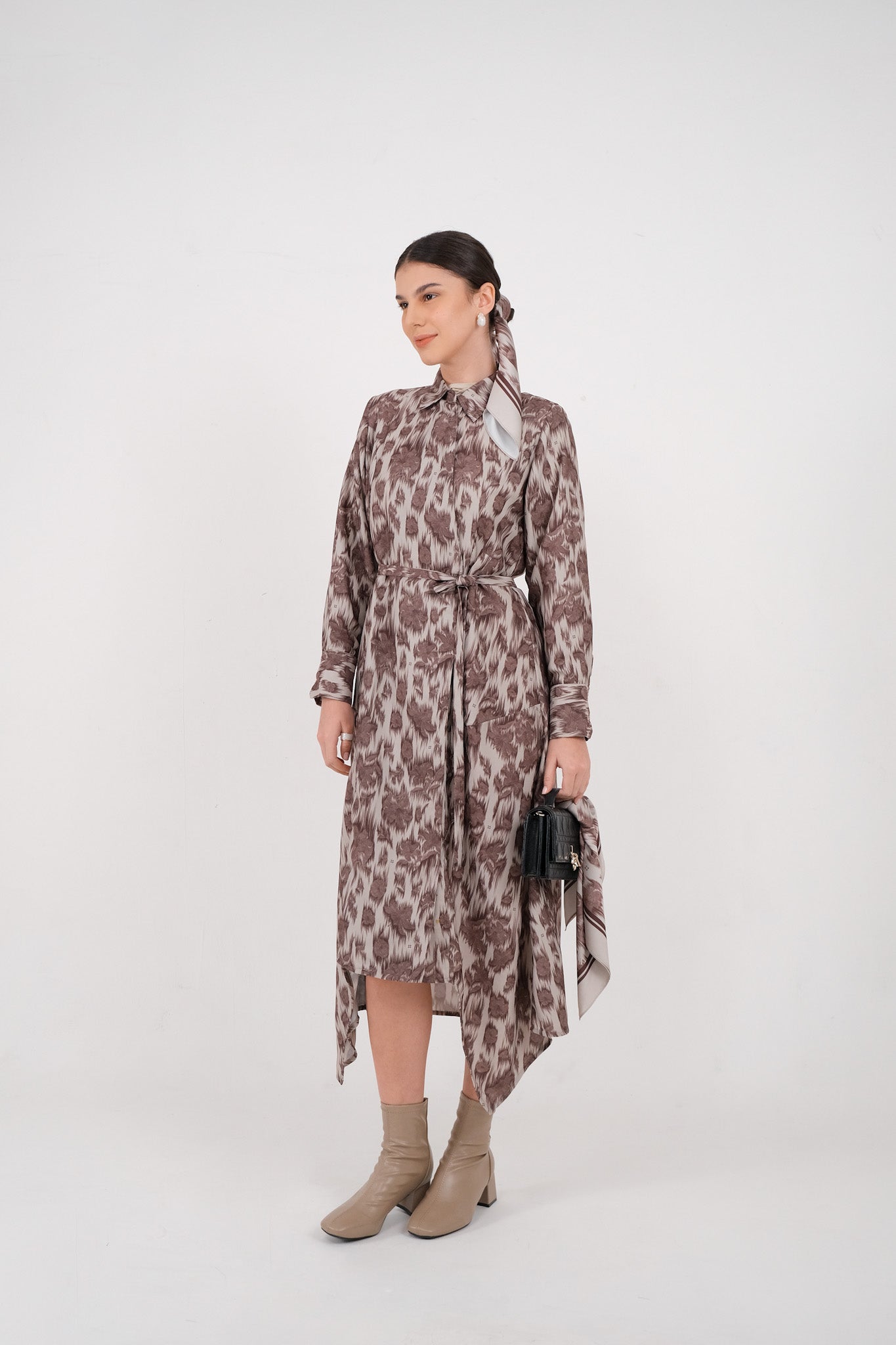 Stella Print Midi Dress - Brown Wine / Charcoal Black