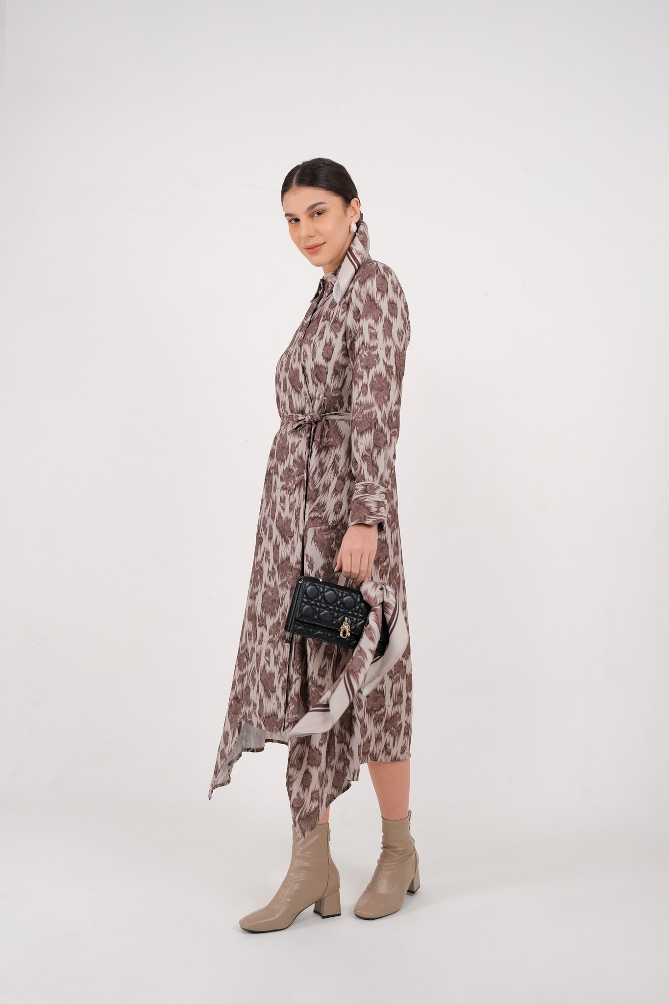 Stella Print Midi Dress - Brown Wine / Charcoal Black