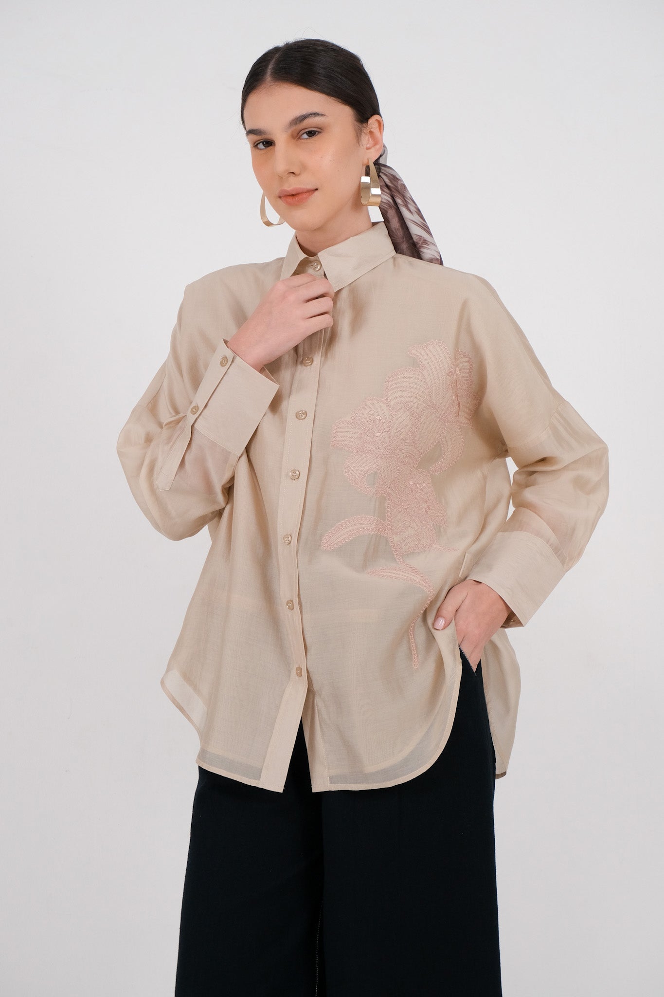 Demore Embroidery Shirt - Light Khaki / Ash Mauve