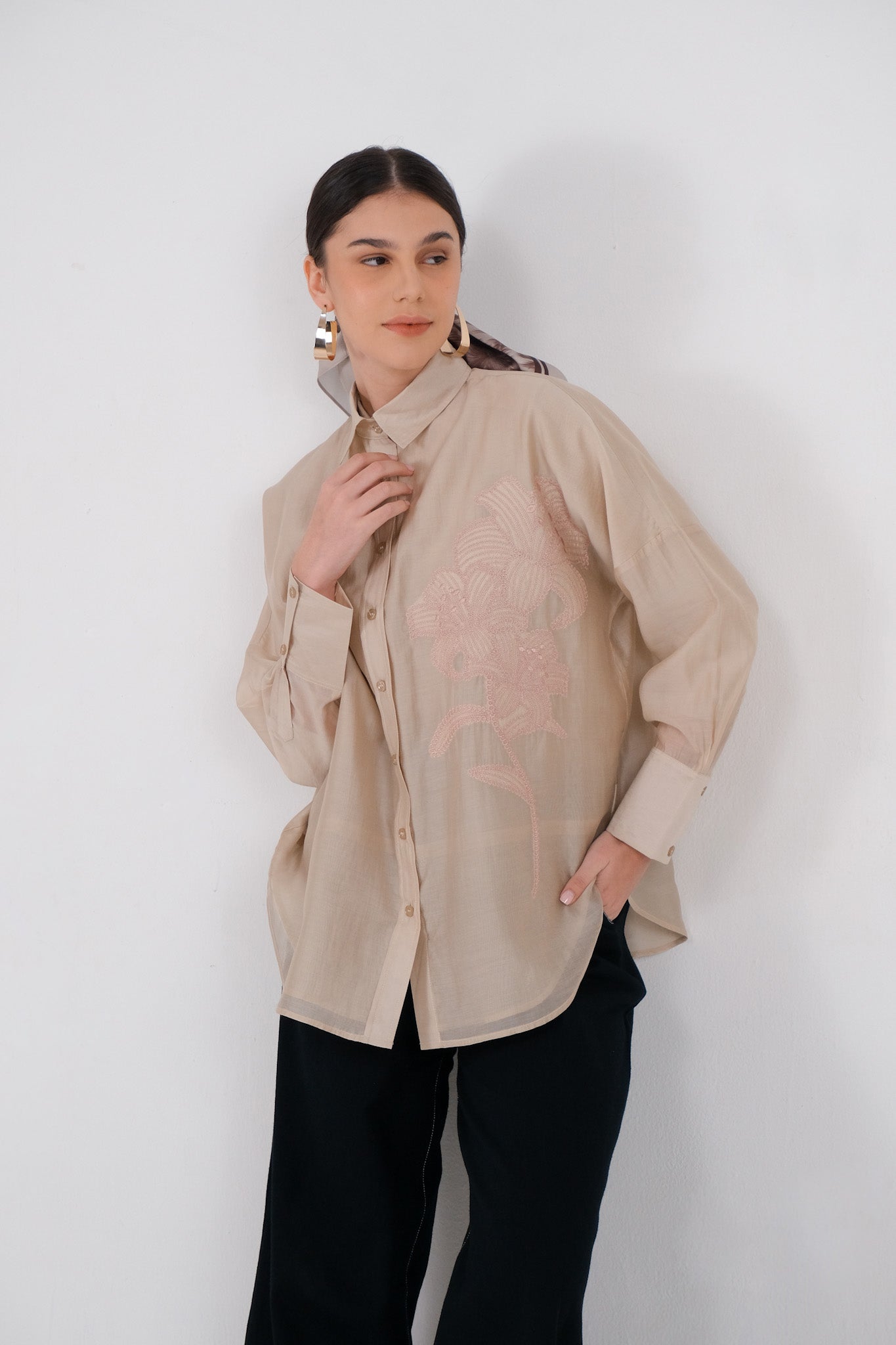 Demore Embroidery Shirt - Light Khaki / Ash Mauve