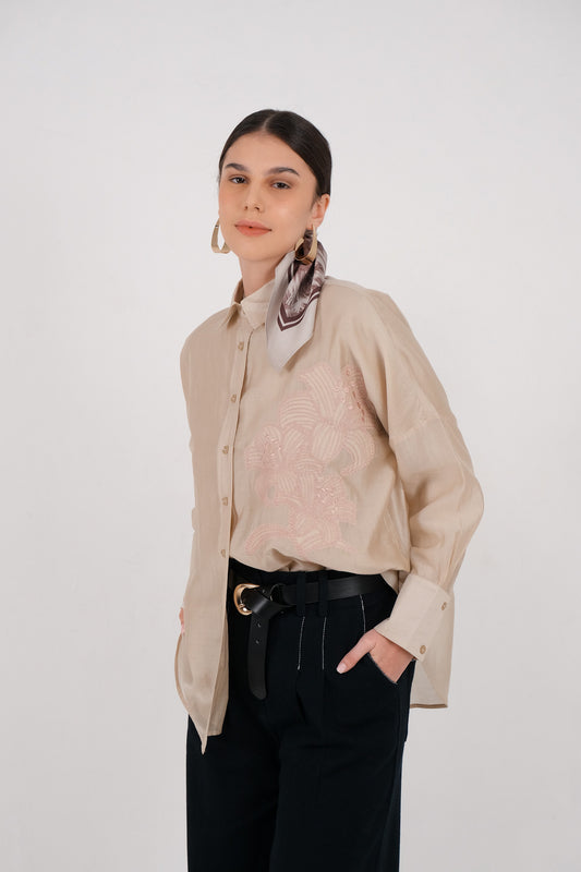 Demore Embroidery Shirt - Light Khaki / Ash Mauve