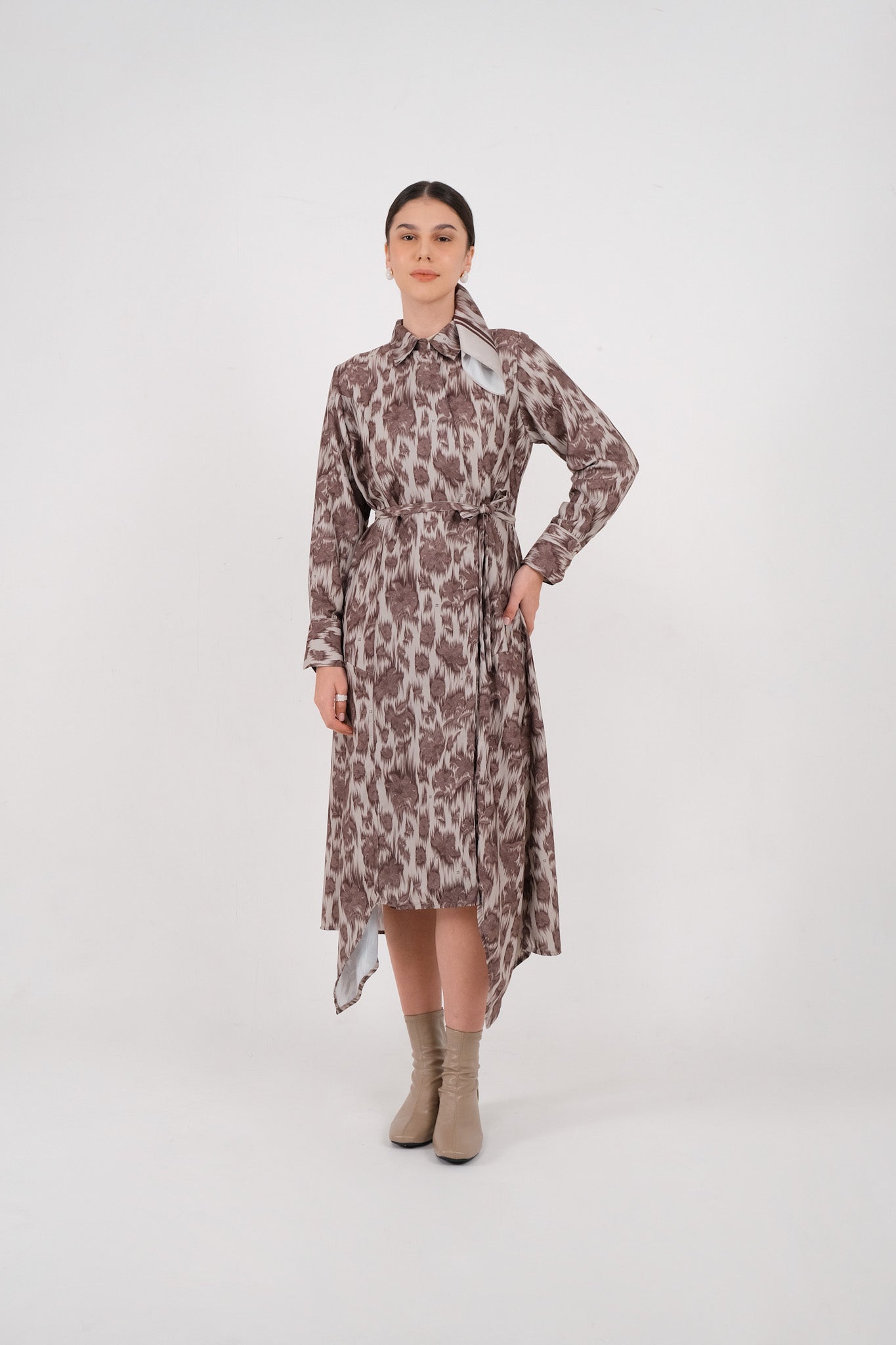 Stella Print Midi Dress - Brown Wine / Charcoal Black